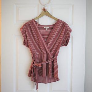 Wrap Style Short Sleeve Striped Blouse